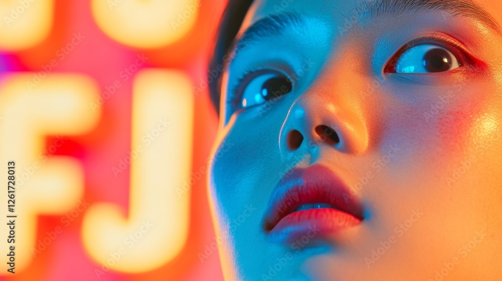 Poster vibrant pop art aesthetic portrait textured close-up of nonbinary actor with colorful vitiligo - cul