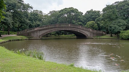 Serene bridge over calm lake urban park scenic photography lush environment tranquil view nature concept