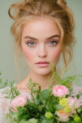 Fototapeta premium Elegant Bridal Portrait with Rustic Floral Bouquet and Soft Makeup in Pastel Tones