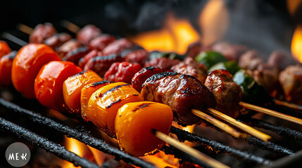 Smoky Grilled Beef and Vegetable Skewers Over an Open Flame with Perfectly Charred Edges