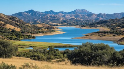 Obraz premium A lake with buffer vegetation reducing agricultural runoff and pollution.