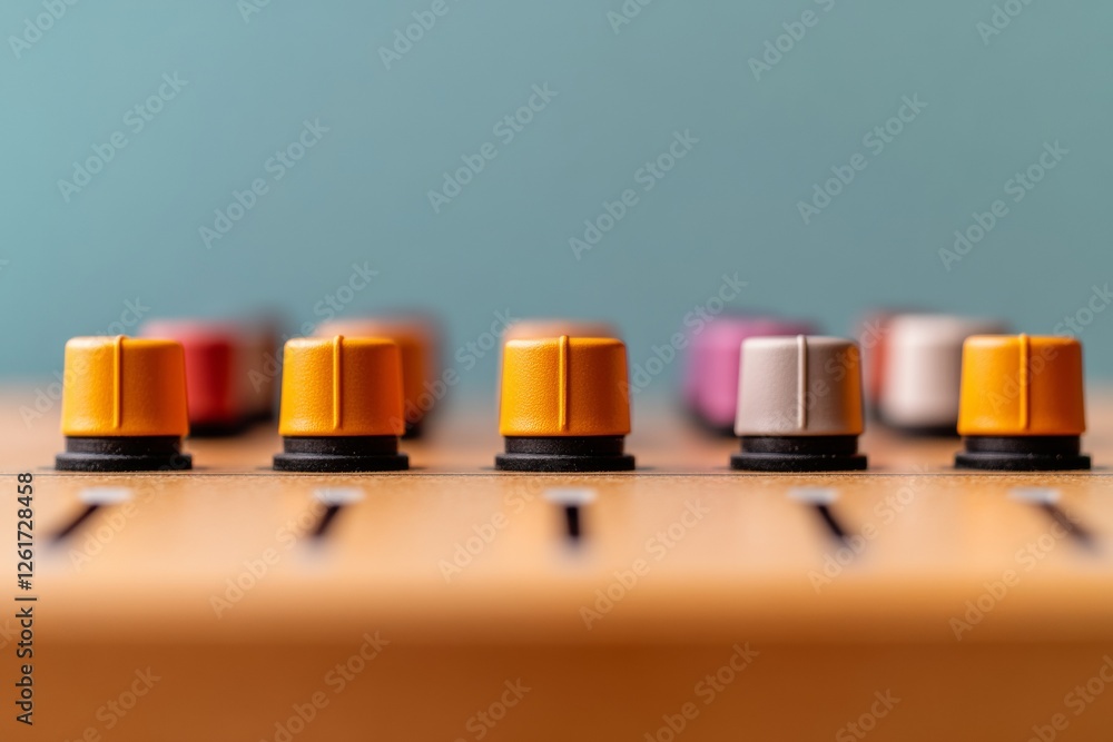 Aufkleber vibrant retro audio console close-up precision knobs and faders on wood - sound design content and p