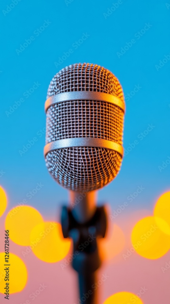 Poster modern retro microphone with bokeh stylish acoustic equipment in vibrant studio backdrop - professio