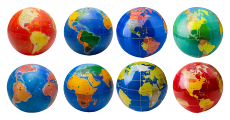 Collection of colorful globes showing different world regions isolated on transparent background