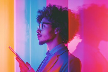 Neon Gradient Professional Focus Young Male with Digital Tablet Amidst Luminous Office Vibes - Dynamic Tech-Innovation Content and Healthcare Marketing Strategy