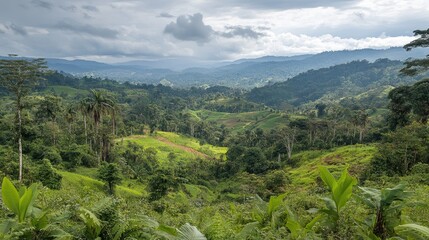 Obraz premium A lush valley filled with trees of different ages, illustrating natural forest succession.