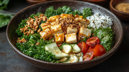 Spiced Grilled Tofu with a Side of Fresh Vegetables, White Rice, and a Savory Sauce for a Balanced Meal