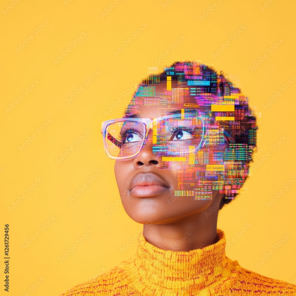 Poster colorful digital integration diverse young adult in innovation-inspired glasses with cyber interface