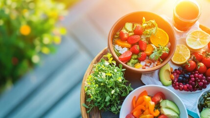Vibrant Farm-to-Table Cuisine Diverse Group in Sunlit Outdoor Setting - Fresh Produce and Colorful Ingredients for Cross-Cultural Culinary Collaboration and Community Engagement