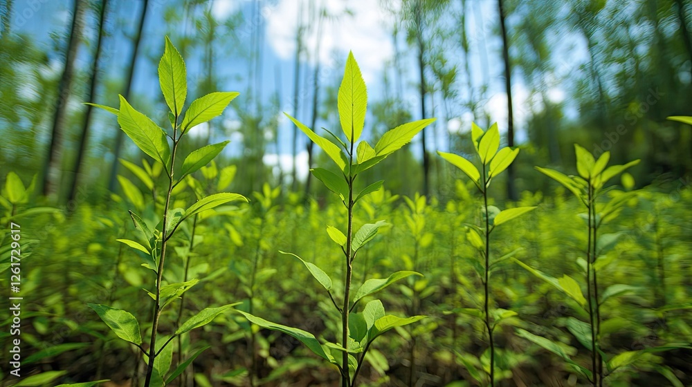 Poster a panoramic view of a forest regrowth area with saplings in neat rows.