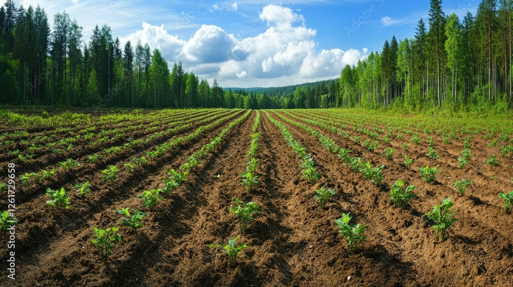 Poster a panoramic view of a forest regrowth area with saplings in neat rows.