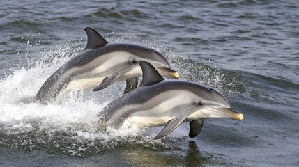 Fototapeta premium A pair of dolphins swimming near a marine protected area, symbolizing successful conservation efforts.