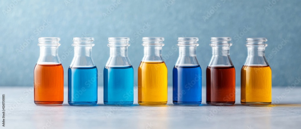 Poster color palette vials gradient glass bottles on textured surface - premium design resource for innovat