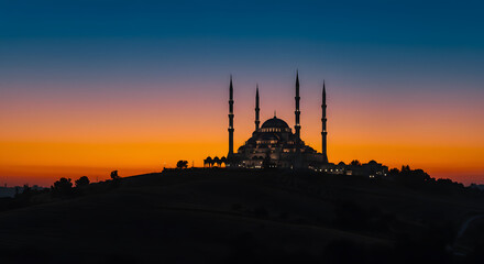 Majestic silhouette of a mosque at sunset with golden sky and hilly landscape a serene and peaceful evening view of on transparent background day art