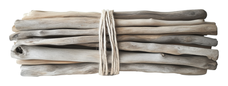 bundle of driftwood sticks tied with rope, natural element. beach decor and crafting material concept