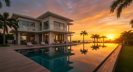 Obraz premium Luxurious Modern Villa with Pool at Sunset Tropical Paradise