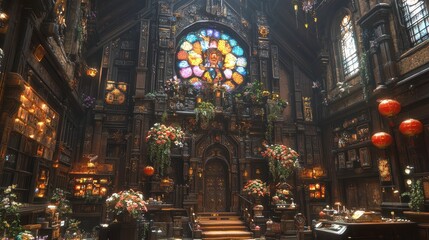 Obraz premium Majestic stained glass church interior enchanted city photography cozy atmosphere wide-angled view cultural heritage