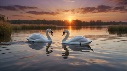 Fototapeta premium Romantic Swans Creating a Heart Shape at Sunset – AI-Generated Art