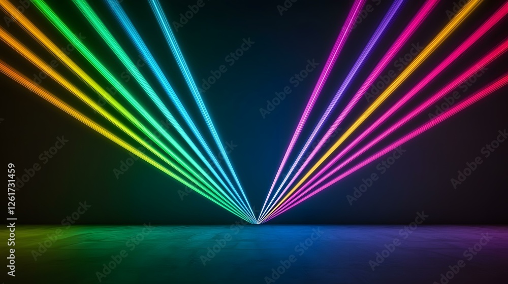 Aufkleber the image contains multiple vibrant, neon-colored laser beams converging at a central point on a dar