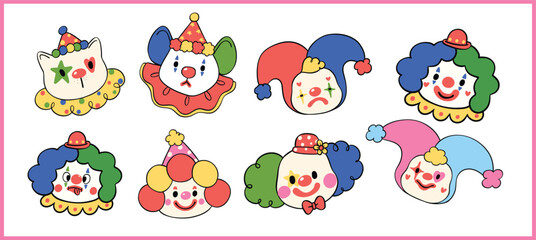 Vibrant Clown Emotional Faces Clowncore Cartoon Hand Drawn Doodle set