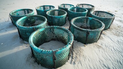 Naklejka premium A set of eco-friendly fish traps designed to prevent overfishing, neatly arranged on a sandy beach.