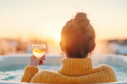 Winter Serenity Woman with Vitiligo Enjoys Outdoor Hot Tub Bliss - Textile Warmth and Tranquil Design for Luxury Hospitality and Wellness Retreats