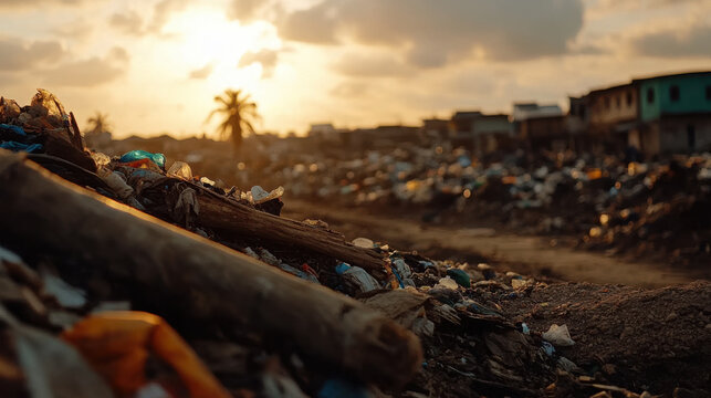 landfill in developing country with scattered waste and sunset light