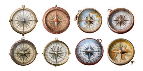 Vintage Compasses Collection on Isolated Background, PNG collection, set bundle, isolate on transparent or white background