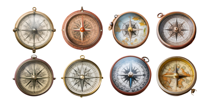 Vintage Compasses Collection on Isolated Background, PNG collection, set bundle, isolate on transparent or white background