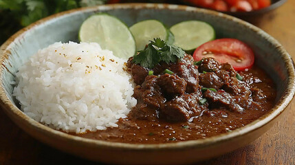 Hearty Beef Stew Served Over Steamed White Rice with Fresh Cucumber Slices for a Balanced Meal