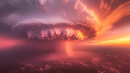 Obraz premium A rare low-contrast tornado illuminated by soft pink and orange sunset hues, its funnel partially obscured by swirling mist, an eerie yet mesmerizing sight.