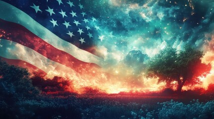 American flag blends with a colorful landscape and starry sky