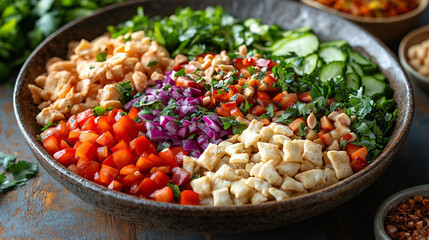 Flavorful Rice Bowl with Marinated Grilled Beef, Fresh Vegetables, and a Colorful Presentation