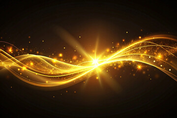 Obraz premium Golden light waves sparkle, dark background, celebration design