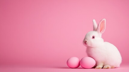 Fototapeta premium Cute White Bunny with Pink Easter Eggs on Soft Pink Background