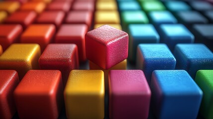 Obraz premium Colorful blocks arranged in rows, one stands out; leadership concept, business background