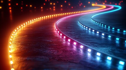Colorful LED lights trail on dark road, futuristic background, tech concept