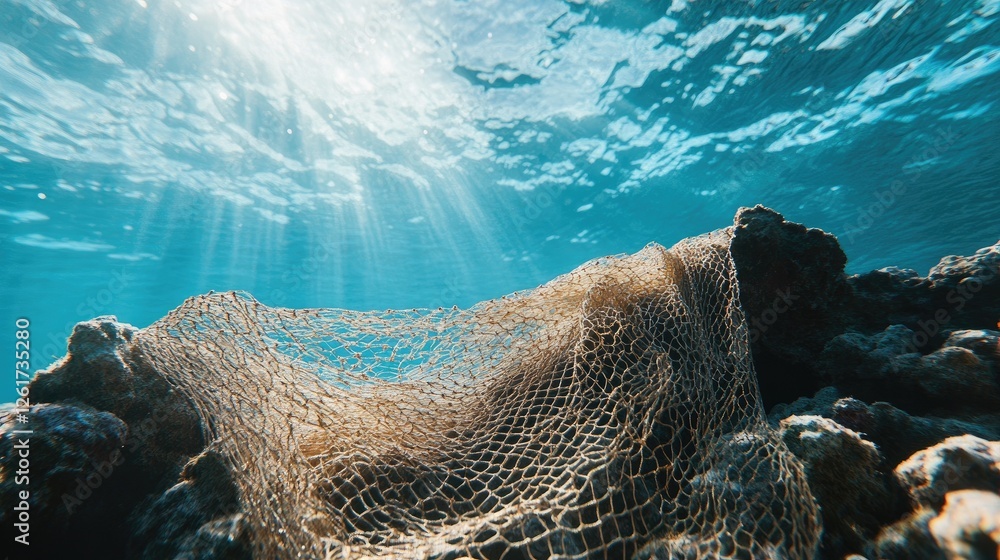 Poster a biodegradable fishing net with large openings floating in clear water, reducing bycatch and suppor