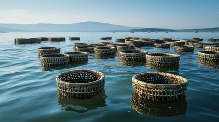 An oyster farm with neatly arranged baskets floating on calm seawater, representing sustainable shellfish farming.