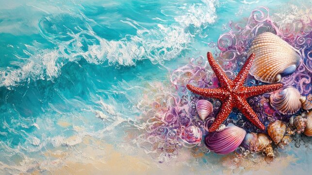 A stunning composition of delicate pink and purple seashells along with a bright red starfish, glistening under the sun as turquoise waves softly reach the shore. -