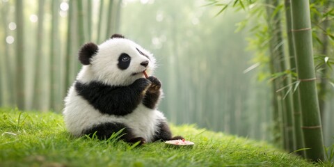 Fototapeta premium Cute panda cub munching on bamboo shoots in a serene bamboo forest during the day