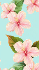Seamless pattern of pink hibiscus flowers with green leaves on blue background