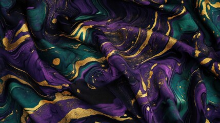 Obraz premium A surreal close-up of swirling, marbled paint splashes with deep purples, emerald greens, and shimmering gold, forming a hypnotic abstract pattern.