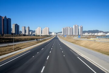 Obraz premium Empty highway through city, clear blue sky