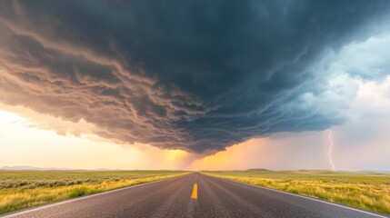 Contemporary Spring Storm Cinematics Dramatic Highway Aerial Under Thunderclouds - Climate Awareness for Extreme Weather Analysis and Safety Industry