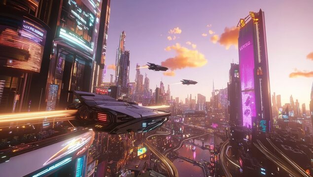 Futuristic city aerial view, flying vehicles, sunset, cityscape