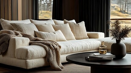 Cozy cream sectional sofa in mountain lodge living room