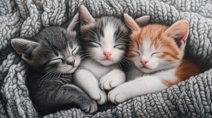 A trio of tiny kittens cuddling together on a cozy knitted blanket, their soft fur in shades of gray, white, and orange creating a heartwarming composition.
