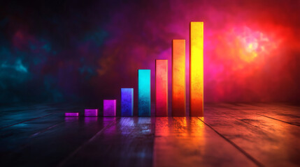 Glowing neon bar chart graph showing upward trend with reflection on surface in dark futuristic background
