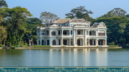 Obraz premium Magnificent Lakeside Mansion: A Serene Architectural Gem